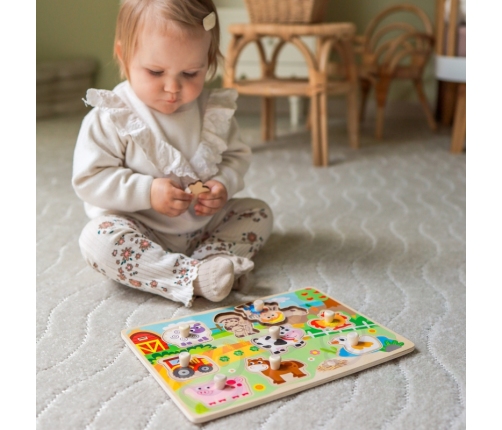 WOOPIE GREEN Drewniane Puzzle Montessori Farma z Pinezkami Do Dopasowania