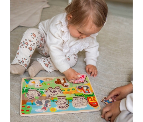 WOOPIE GREEN Drewniane Puzzle Montessori Farma z Pinezkami Do Dopasowania
