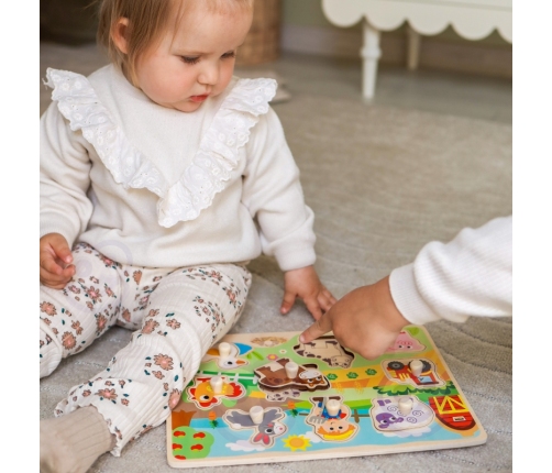 WOOPIE GREEN Drewniane Puzzle Montessori Farma z Pinezkami Do Dopasowania