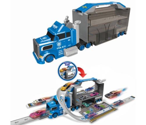 WOOPIE Zestaw Ciężarówka Policyjna Laweta Garaż Tor Wyścigowy