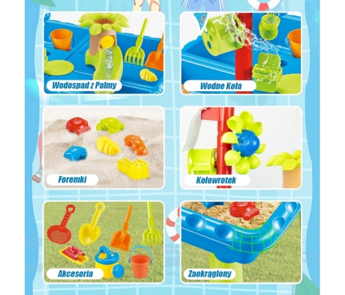 WOOPIE Stolik Wodny 2w1 Piaskownica z Krzesełkiem XL Aquapark 4-Baseny 13 akc.