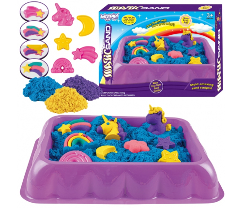 WOOPIE Piasek Kinetyczny 0,6 kg Zestaw Jednorożec Stolik z Foremkami