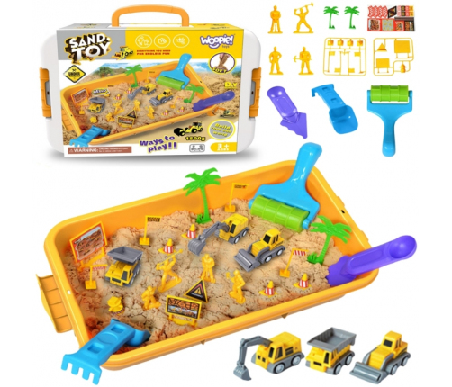 WOOPIE Piasek Kinetyczny 1,5 kg Zestaw XXL Plac Budowy Stolik z Foremkami i Pojazdami
