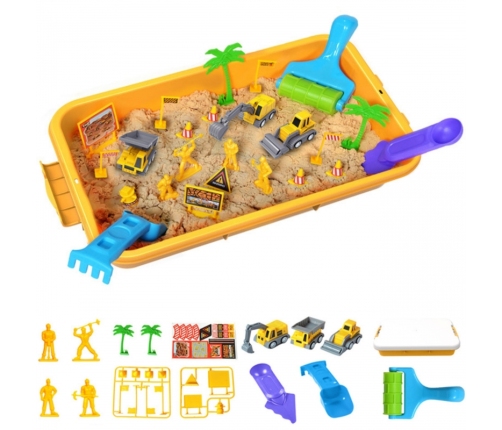 WOOPIE Piasek Kinetyczny 1,5 kg Zestaw XXL Plac Budowy Stolik z Foremkami i Pojazdami