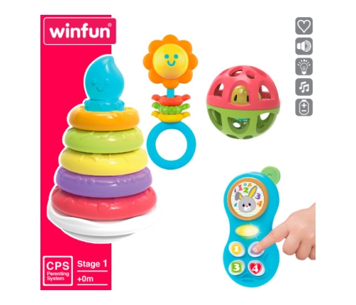 Развивающий комплект для малыша: пирамида + музыкальная игрушка + 2 погремушки