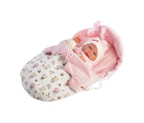 Lelle zīdainis Nica meitene ar sedziņu un mānekli (vinila ķermenis) 40 cm Spānija LL73884