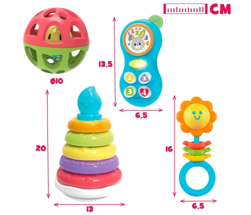 Развивающий комплект для малыша: пирамида + музыкальная игрушка + 2 погремушки