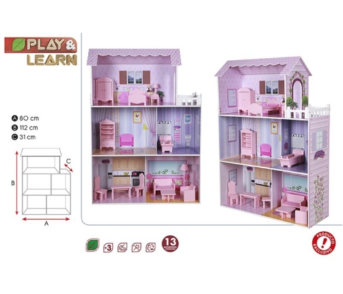 Большой деревянный кукольный домик с мебелью CB85293