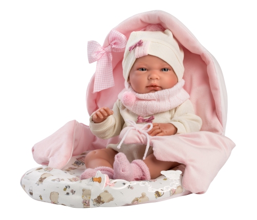 Lelle zīdainis Nica meitene ar sedziņu un mānekli (vinila ķermenis) 40 cm Spānija LL73884