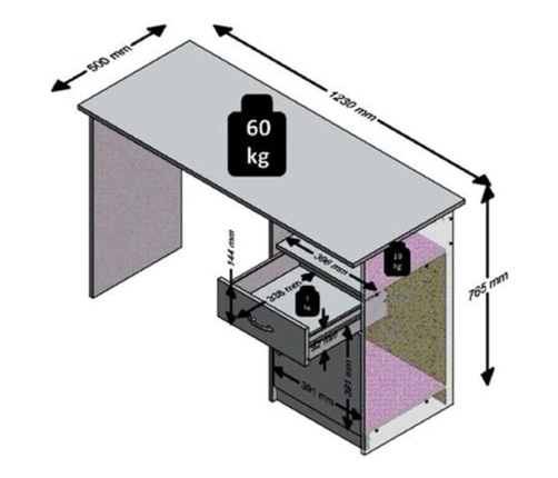 FMD rakstāmgalds ar 1 atvilktni, balts ar melnu, 123x50x76,5cm