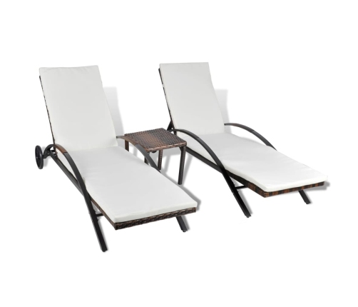 vidaXL sauļošanās zviļņi ar galdiņu, brūna PE rotangpalma