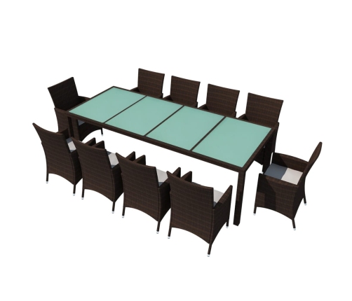 vidaXL 11-daļīgs dārza mēbeļu komplekts ar matračiem, PE pinums, brūns