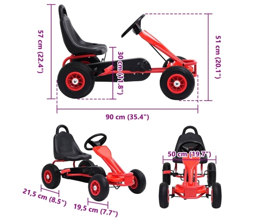 vidaXL gokarts ar pedāļiem un pneimatiskajām riepām, sarkans