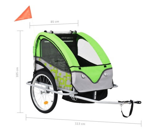 vidaXL bērnu velo piekabe, ratiņi, zaļi ar pelēku