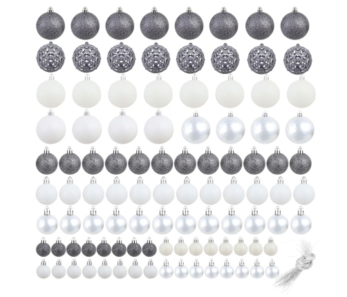 vidaXL Ziemassvētku bumbas, 100 gab., 3/4/6 cm, baltas, pelēkas