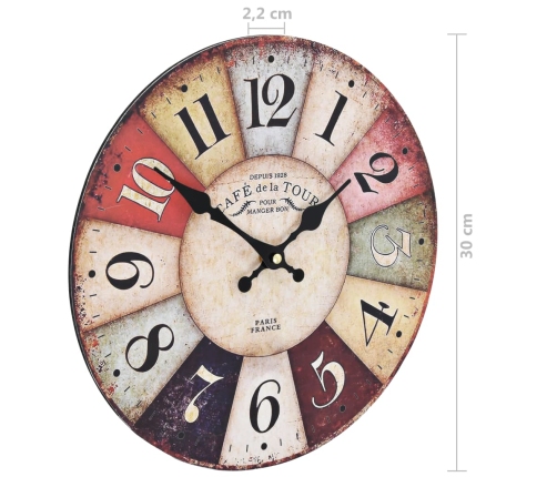 vidaXL vintāžas sienas pulkstenis, krāsains, 30 cm