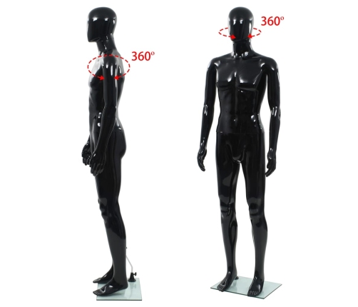 vidaXL vīriešu manekens, pilna auguma, stikla pamatne, 185 cm, melns