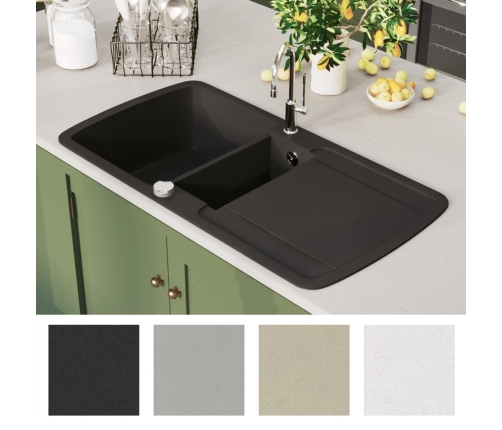 vidaXL virtuves izlietne, divas bļodas, melna, granīts