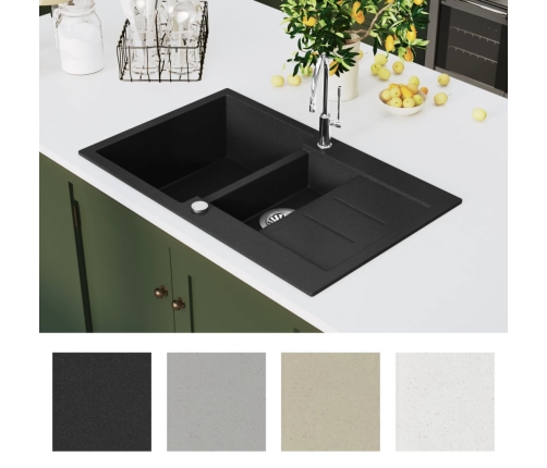 vidaXL virtuves izlietne, divas bļodas, melna, granīts