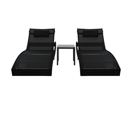 vidaXL sauļošanās zviļņi, 2 gb., ar galdu, melns PE pinums, tekstilēns