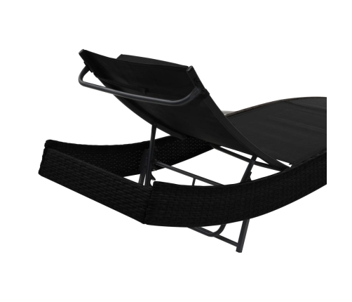 vidaXL sauļošanās zviļņi, 2 gb., ar galdu, melns PE pinums, tekstilēns