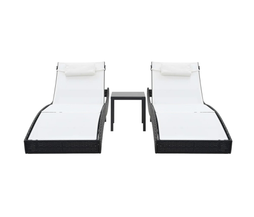 vidaXL sauļošanās zviļņi, 2 gb., ar galdu, melns PE pinums, tekstilēns