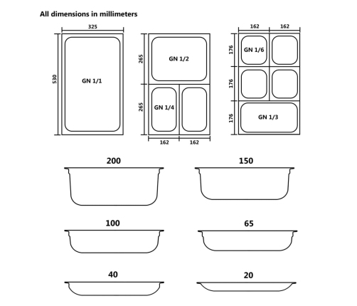 vidaXL Gastronorm trauki, 4 gab., GN 1/1, 65 mm, nerūsējošs tērauds