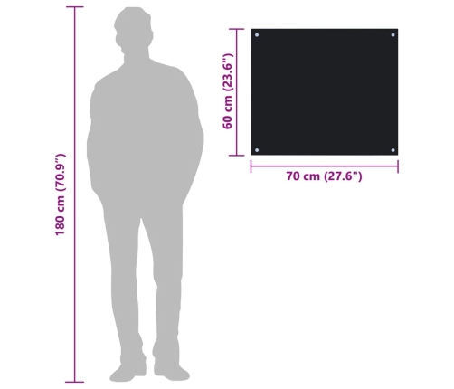 vidaXL virtuves sienas panelis, 70x60 cm, rūdīts stikls, melns