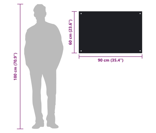 vidaXL virtuves sienas panelis, 90x60 cm, rūdīts stikls, melns