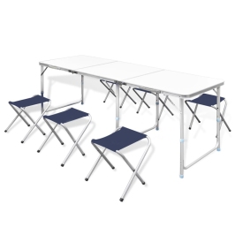 Saliekams Kempinga Galds Un 6 Taburetes, Regulējams Augstums, 180X60Cm