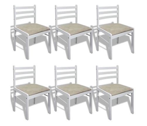 vidaXL virtuves krēsli, 6 gab., balti, masīvkoks un samts