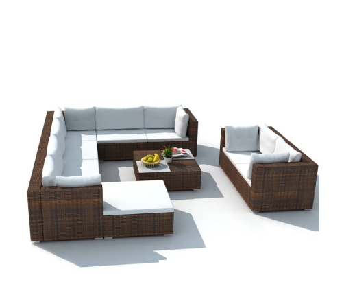 vidaXL 10-daļīgs dārza atpūtas mēbeļu komplekts ar matračiem, brūns PE