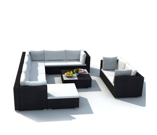 vidaXL 10-daļīgs dārza atpūtas mēbeļu komplekts ar matračiem, melns PE