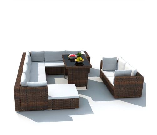 vidaXL 10-daļīgs dārza atpūtas mēbeļu komplekts ar matračiem, brūns PE