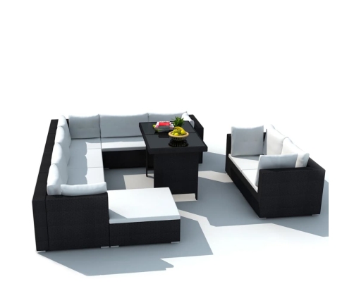 vidaXL 10-daļīgs dārza atpūtas mēbeļu komplekts ar matračiem, melns PE