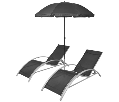 vidaXL sauļošanās zviļņi ar saulessargu, alumīnijs, melni