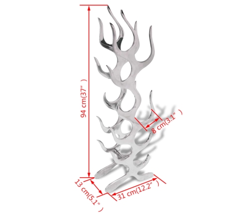 vidaXL vīna plaukts 9 pudelēm, sudraba alumīnijs, liesmas forma