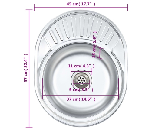 vidaXL virtuves izlietne ar notekas sietiņu un sifonu, ovāla, tērauds