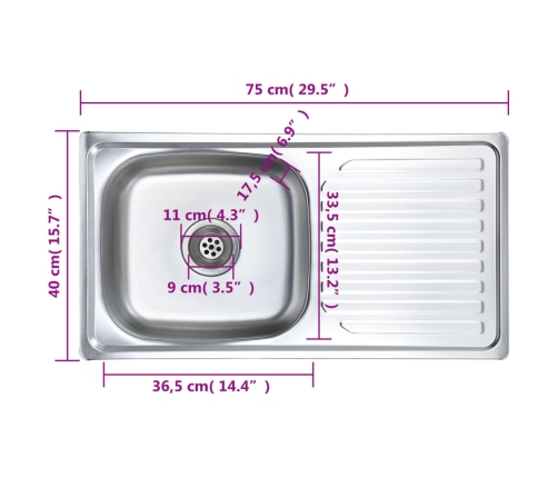vidaXL virtuves izlietne ar notekas sietiņu un sifonu, tērauds