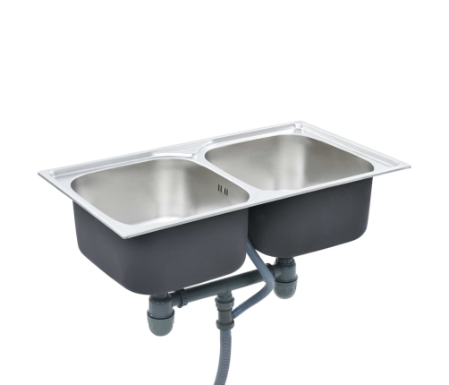 vidaXL virtuves izlietne ar notekas sietiņu, sifonu, 2 bļodas, tērauds