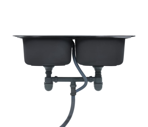 vidaXL virtuves izlietne ar notekas sietiņu, sifonu, 2 bļodas, tērauds