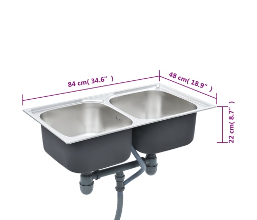 vidaXL virtuves izlietne ar notekas sietiņu, sifonu, 2 bļodas, tērauds
