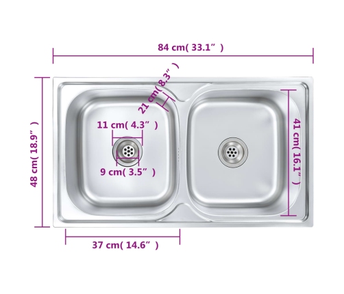 vidaXL virtuves izlietne ar notekas sietiņu, sifonu, 2 bļodas, tērauds