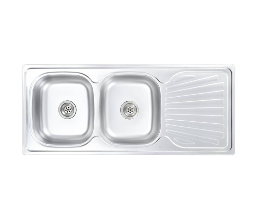 vidaXL virtuves izlietne ar notekas sietiņu, sifonu, 2 bļodas, tērauds