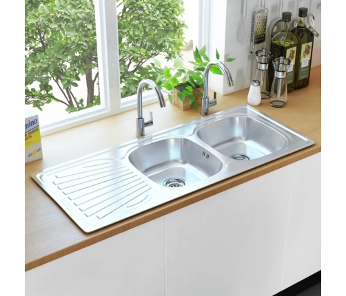 vidaXL virtuves izlietne ar notekas sietiņu, sifonu, 2 bļodas, tērauds