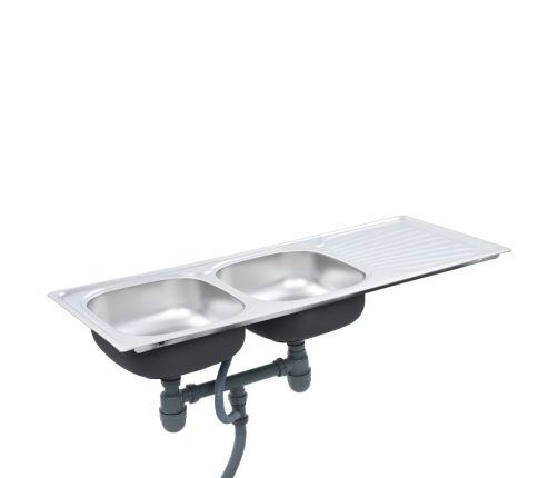 vidaXL virtuves izlietne ar notekas sietiņu, sifonu, 2 bļodas, tērauds