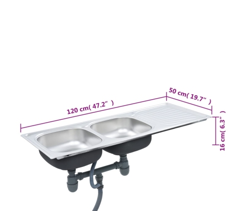 vidaXL virtuves izlietne ar notekas sietiņu, sifonu, 2 bļodas, tērauds
