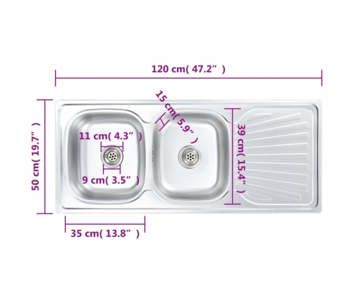 vidaXL virtuves izlietne ar notekas sietiņu, sifonu, 2 bļodas, tērauds