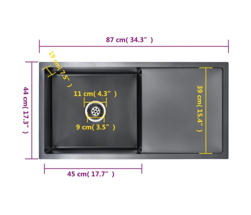 vidaXL virtuves izlietne, nerūsējošs tērauds, melna