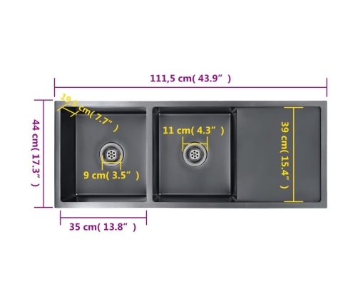 vidaXL virtuves izlietne, nerūsējošs tērauds, melna